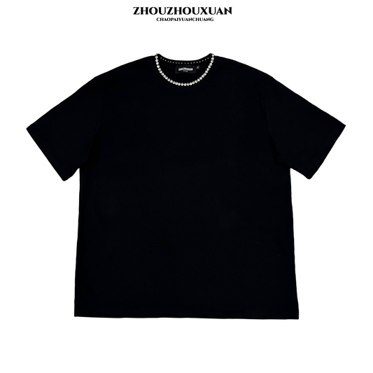 Rhinestone Neckline Heavyweight Oversize Short Sleeve T-Shirt WN20706