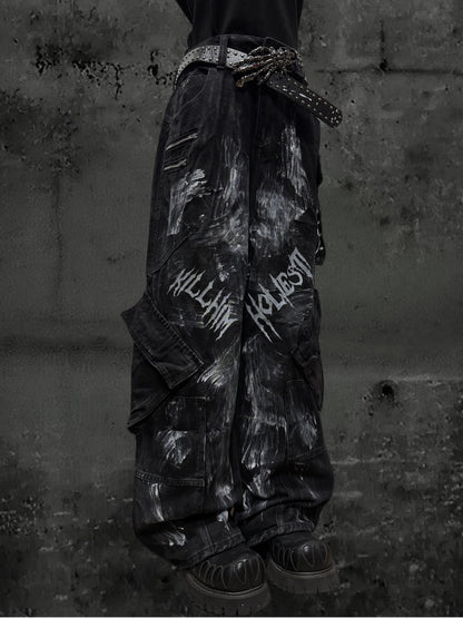 Paint Print Cargo Wide Leg Denim Jeans & Skull Belt & Belt Chain WN23787