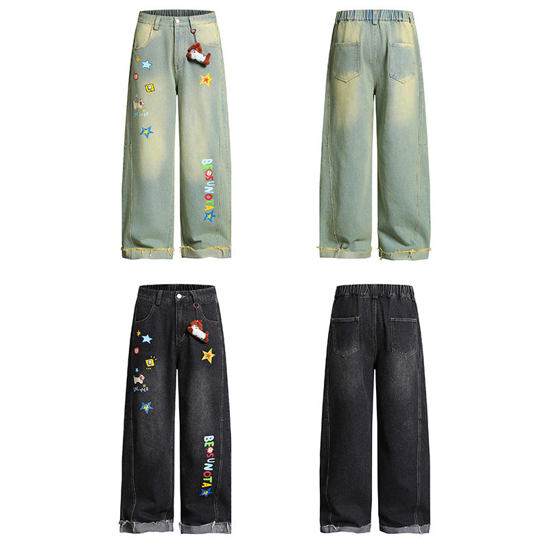 Cartoon Embroidery Wide Leg Denim Jeans WN26969