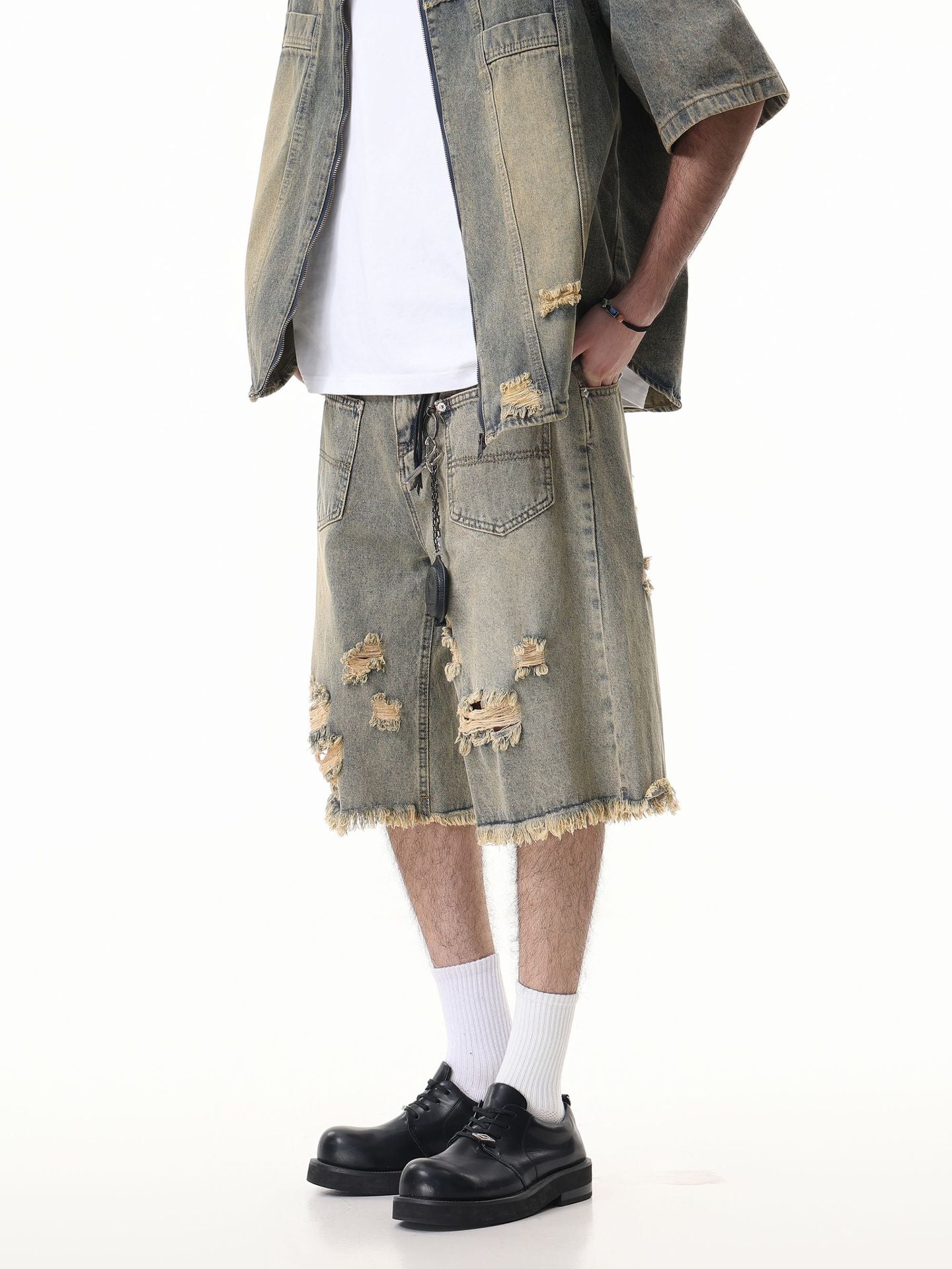 Washed Damage Wide Leg Denim Short Pants WN25596