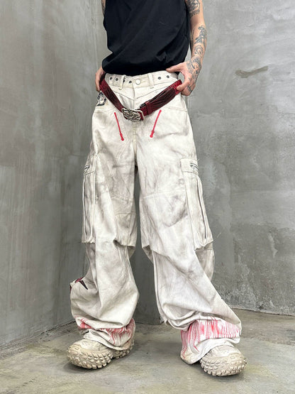 Damage Dye Print Wide Leg Cargo Denim Jeans WN21164