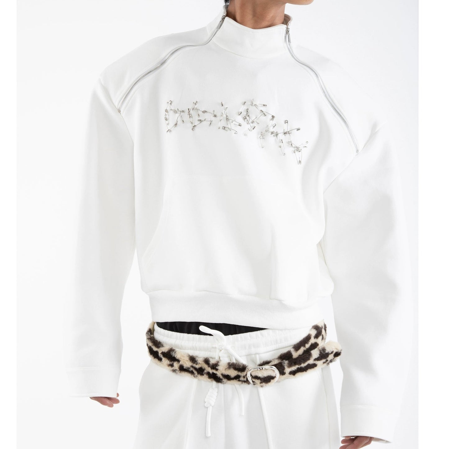 Pin Detail Stand Neck Zipper Sweatshirt &Wide Leg Pants Setup WN20649