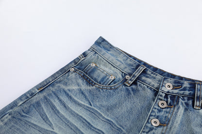 Washed Whisker Wide Leg Curved Half Denim Jeans WN25469