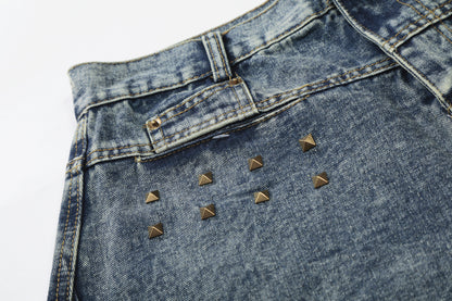 Washed Studs Panel Cropped Denim Half Jeans WN25766