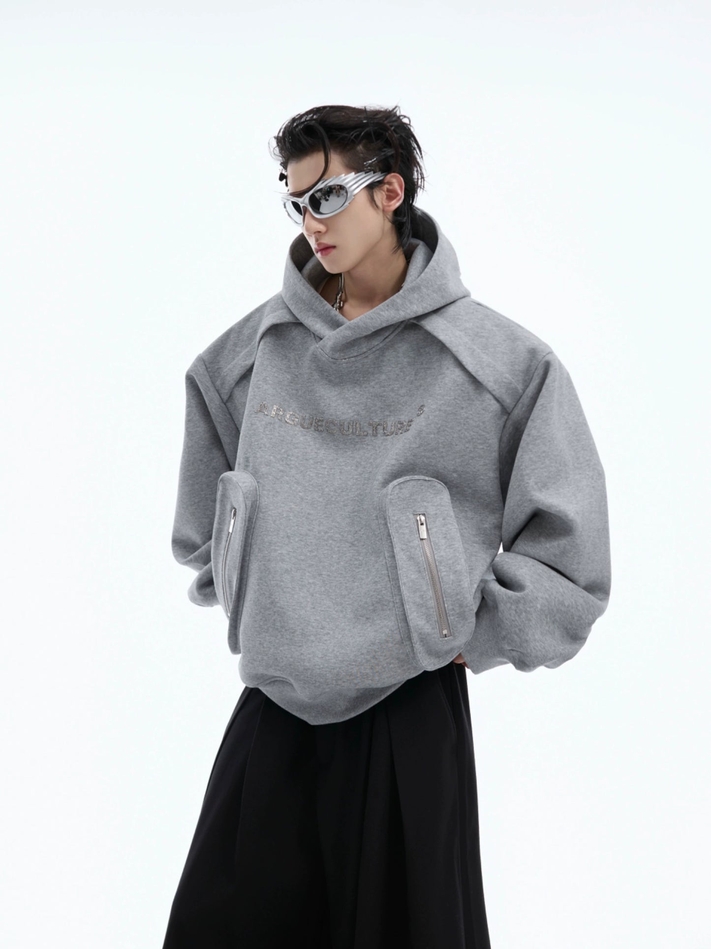 3D Pocket Shoulder Pad Metal Oversize Hoodie WN8657