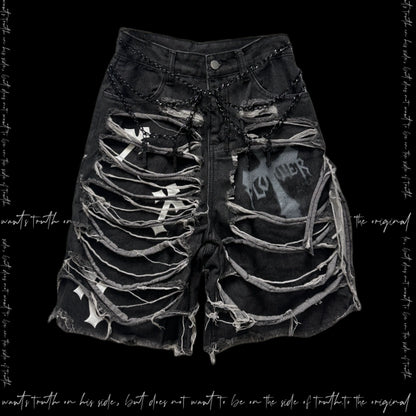 Washed Damage Design Five Pocket Half Denim Jeans & Belt & Waist Chain WN20092