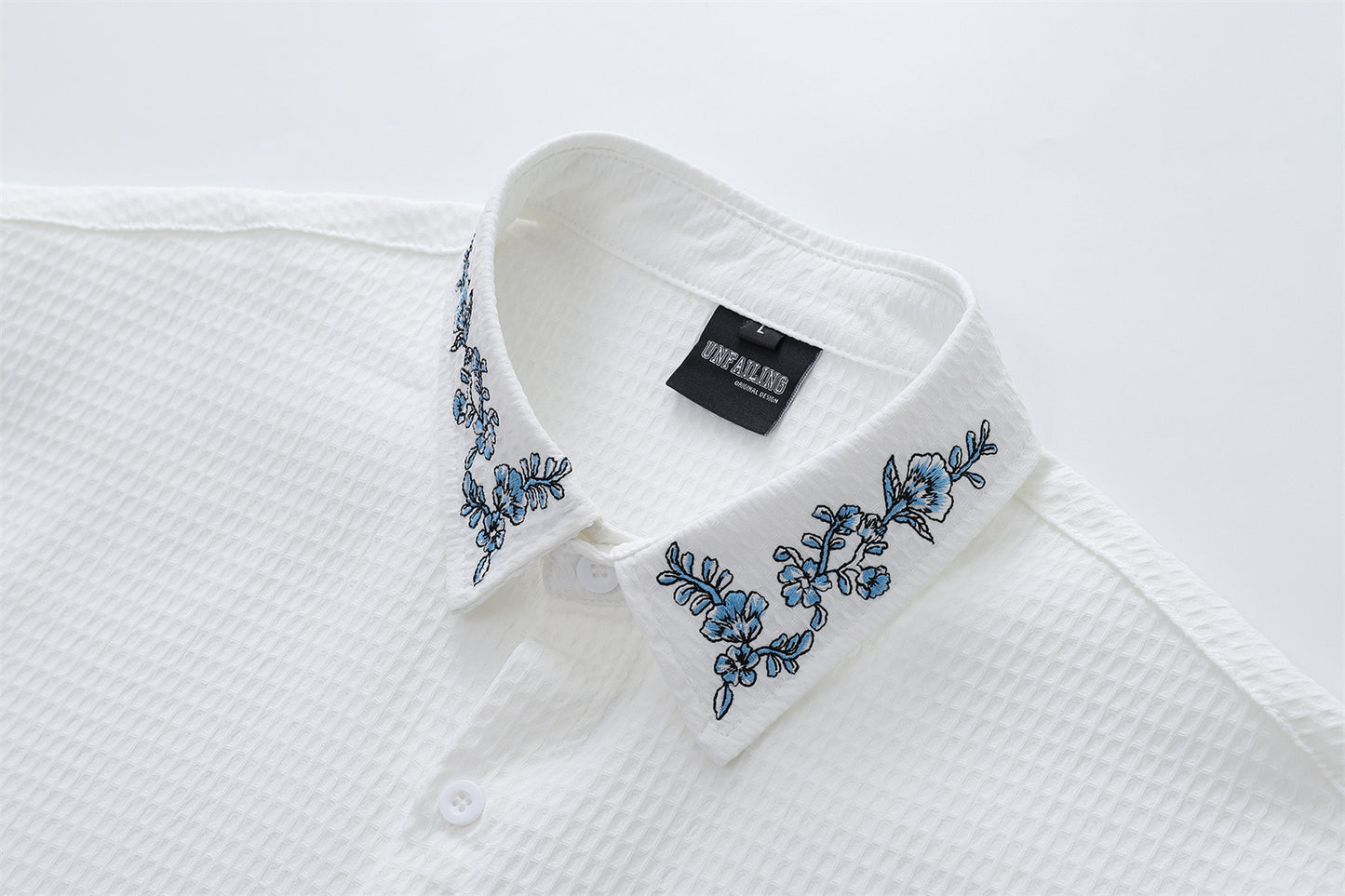 Floral Embroidery Waffle Short Sleeve Shirt WN16201
