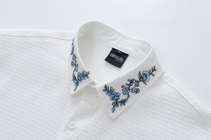 Floral Embroidery Waffle Short Sleeve Shirt WN16201