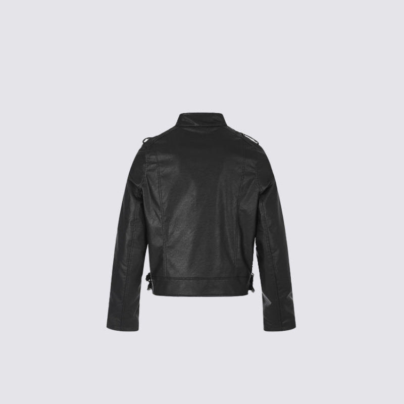 Stand Neck Double Studs Zipper PU Leather Jacket WN28068