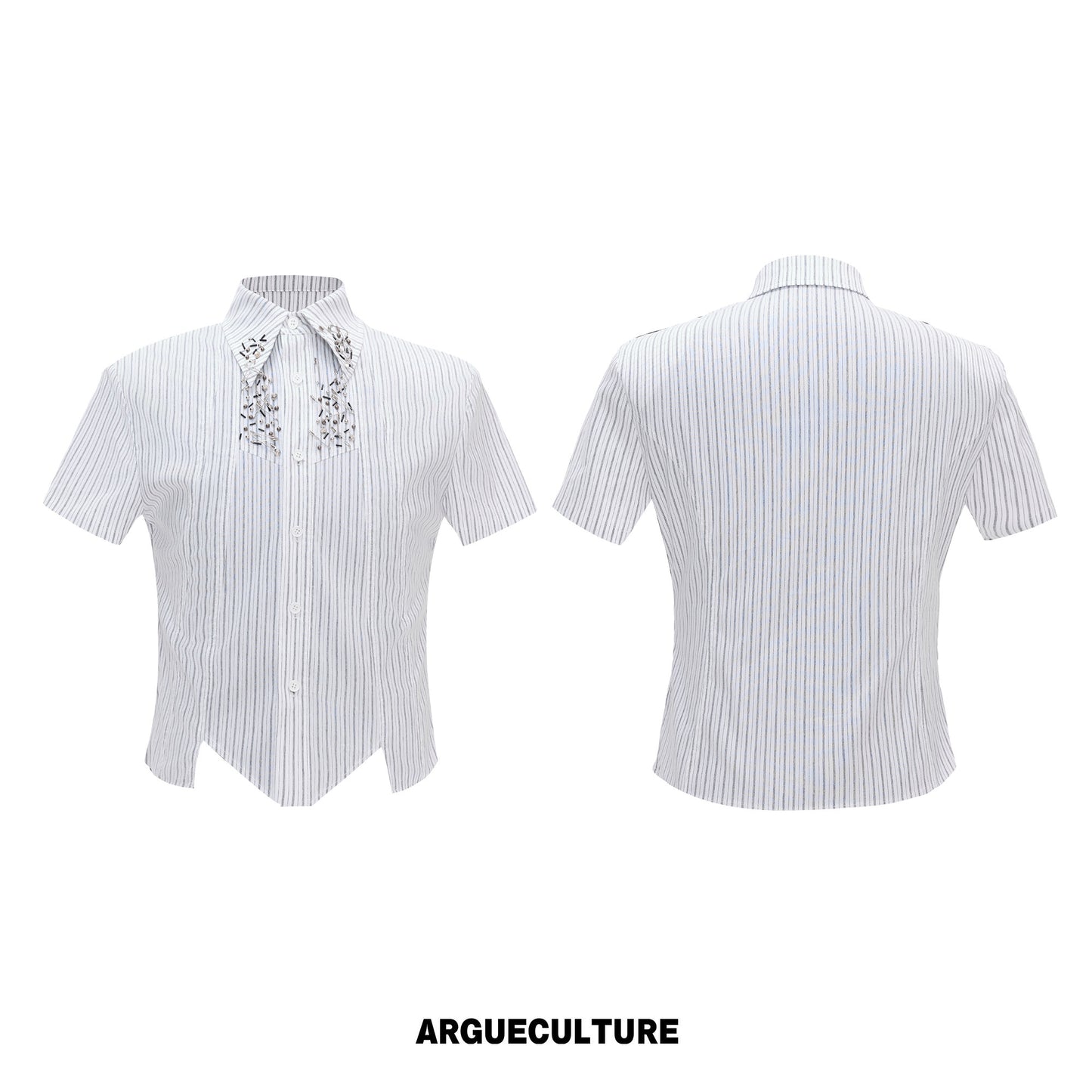 Standing-Collar Shoulder-pad Stripe Asymmetric Short Sleeve Shirt WN26998