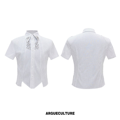Standing-Collar Shoulder-pad Stripe Asymmetric Short Sleeve Shirt WN26998