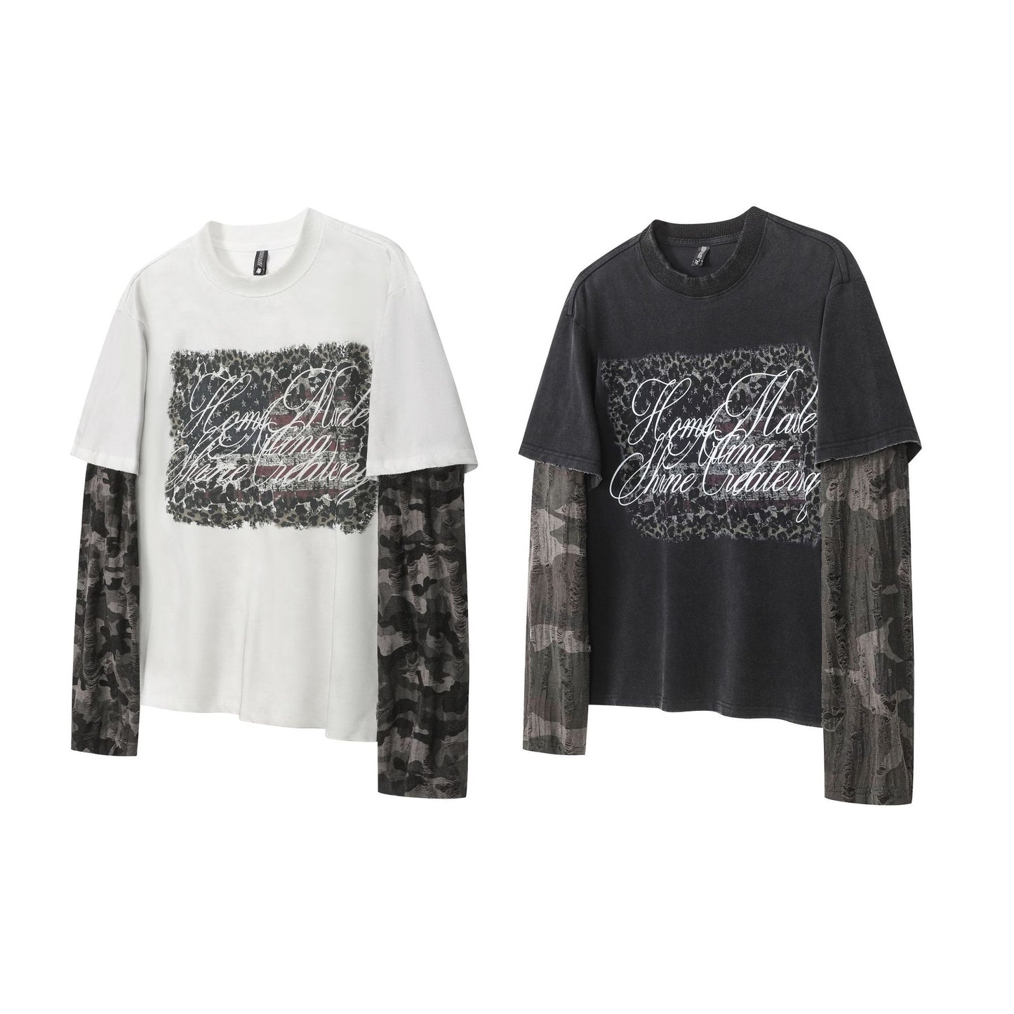 Fake Layered Camo Letter Print Washed Long Sleeve T-Shirt WN25609