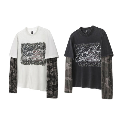 Fake Layered Camo Letter Print Washed Long Sleeve T-Shirt WN25609