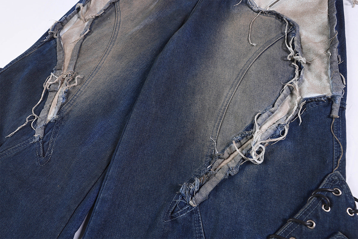 Heavyweight Washed Deconstructed Wide Leg Denim Jeans WN25745