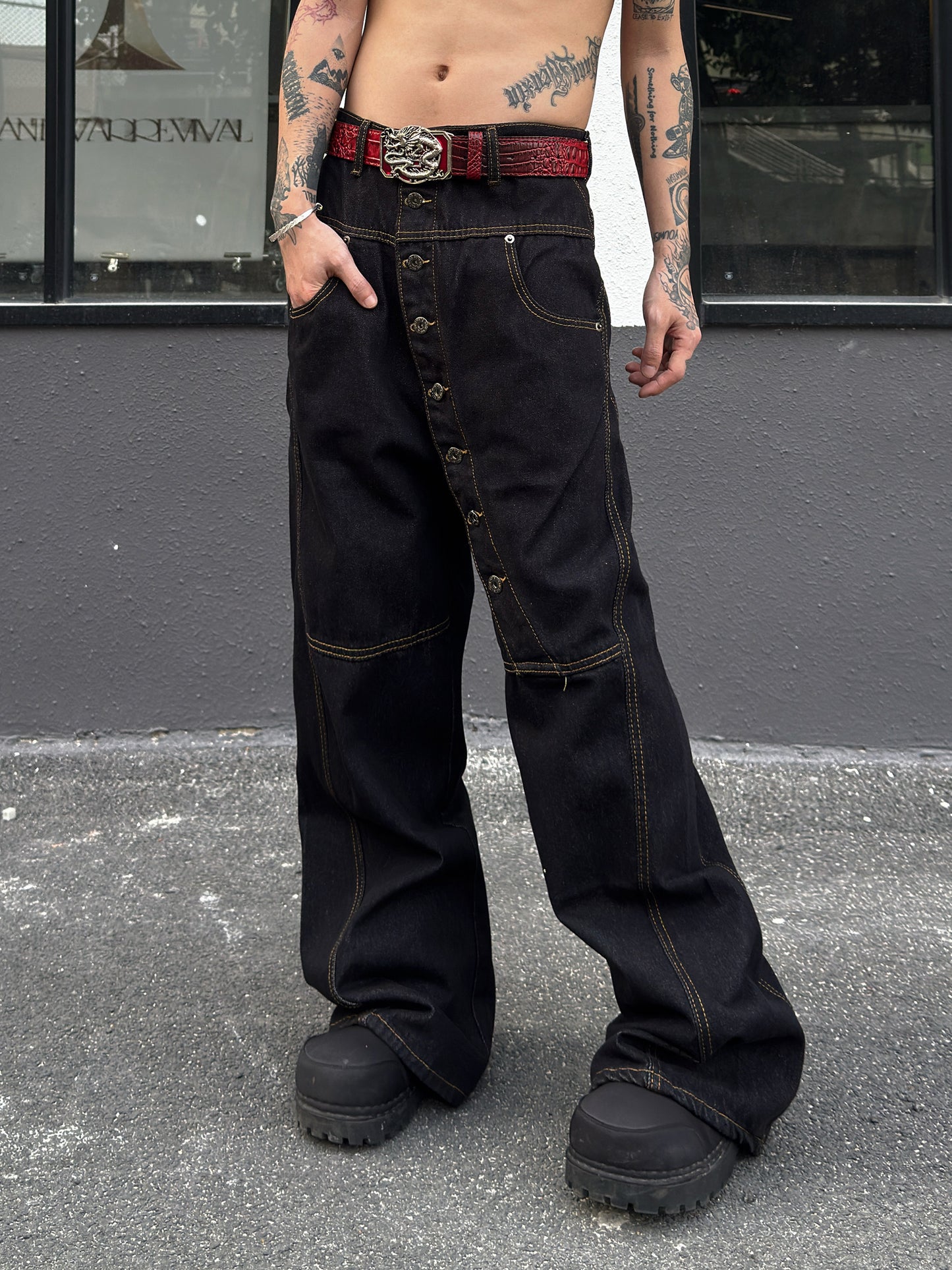 Multi Button Raw Denim Wide Leg Denim Jeans WN23022