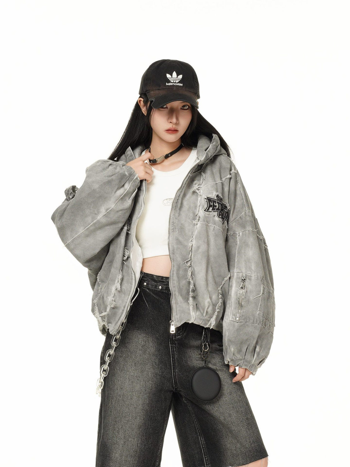 Washed Graphic Pocket Detail Hooded Jacket WN27967