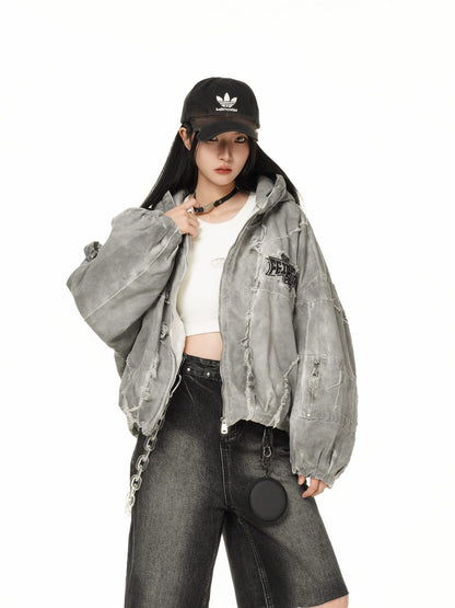 Washed Graphic Pocket Detail Hooded Jacket WN27967