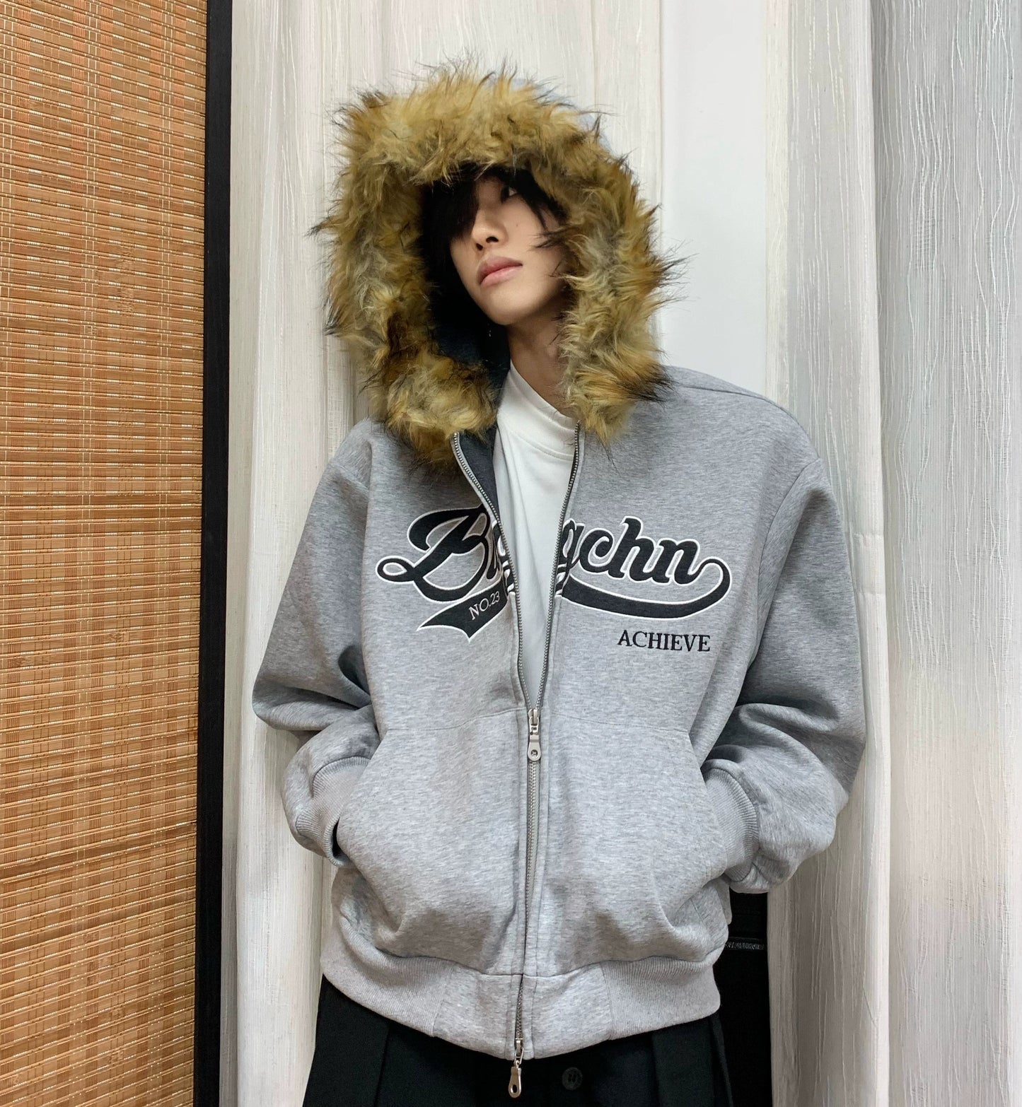 Fake Fur-Collar Letter Embroidery Hoodie WN22241