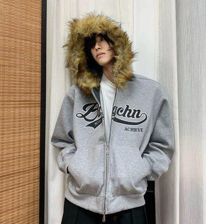 Fake Fur-Collar Letter Embroidery Hoodie WN22241