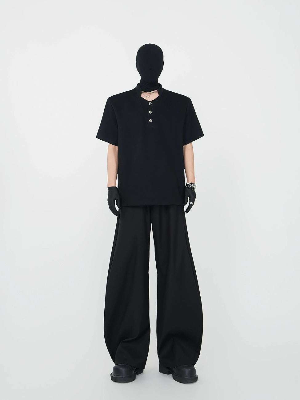 Heavyweight Standing-Neck Short Sleeve T-Shirt & Curved Wide Leg Trousers Setup WN17419