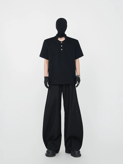 Heavyweight Standing-Neck Short Sleeve T-Shirt & Curved Wide Leg Trousers Setup WN17419