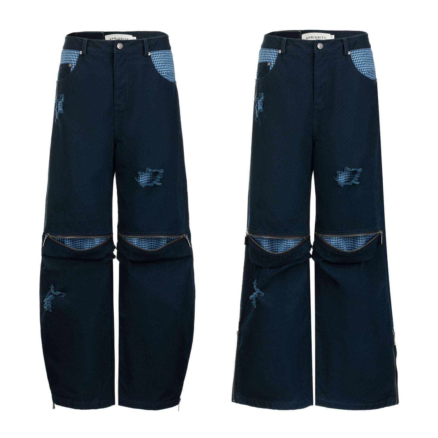 Plaid Mix Damage Wide Leg Pants WN19000