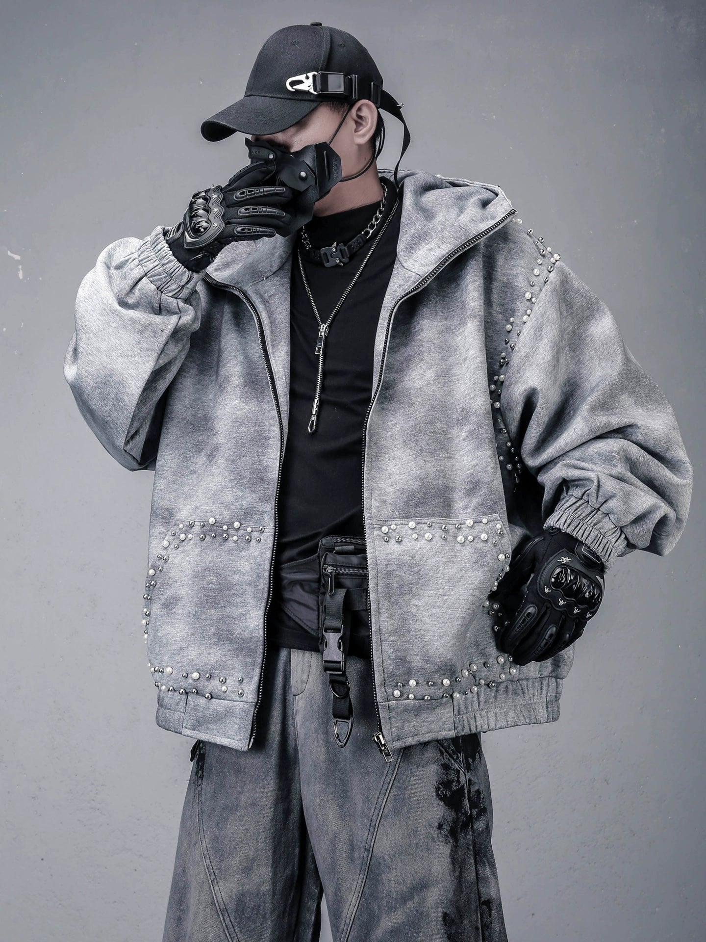 Pearl Beads Decor Fleece Lining Oversize Zipper Hoodie WN22446