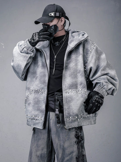 Pearl Beads Decor Fleece Lining Oversize Zipper Hoodie WN22446