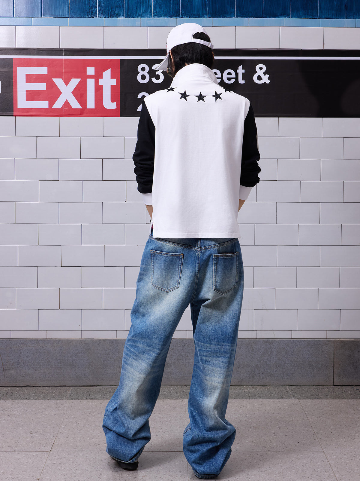 Damage Washed Letter Print Wide Leg Denim Jeans WN27222
