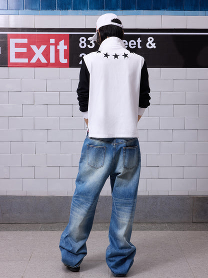 Damage Washed Letter Print Wide Leg Denim Jeans WN27222
