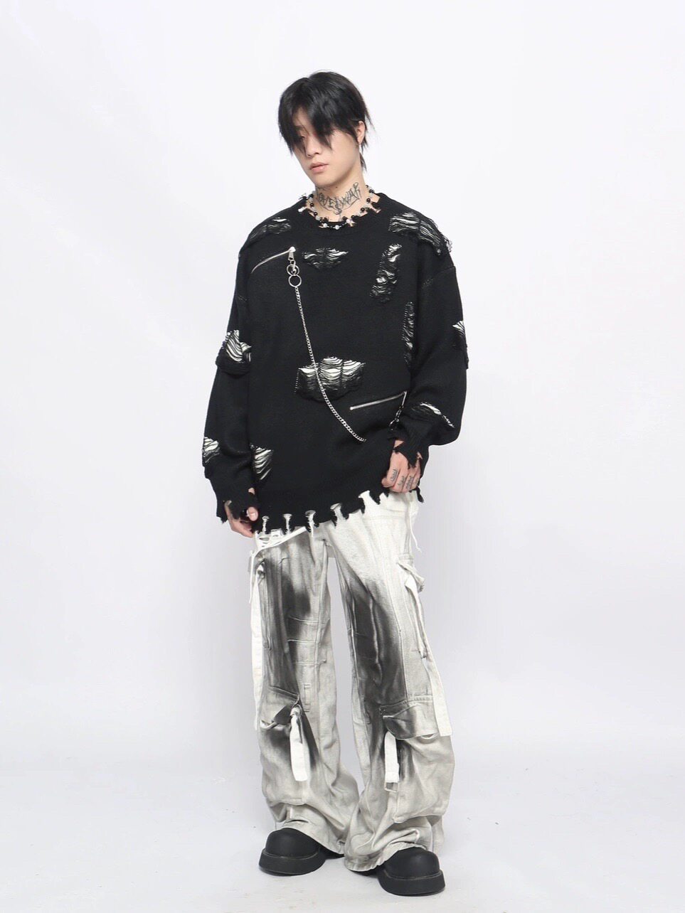 Damage Zipper Chain Detail Knit Sweater WN24497