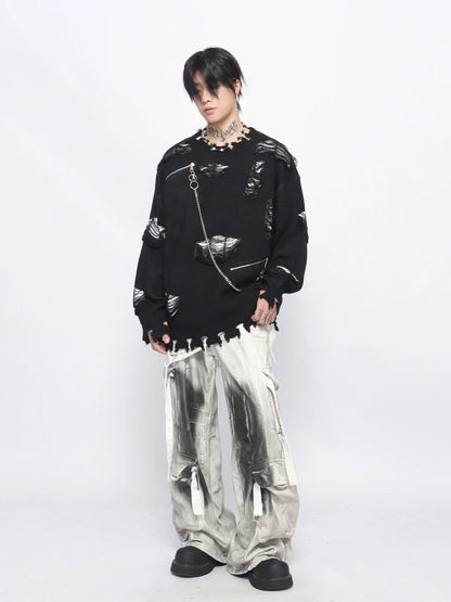 Damage Zipper Chain Detail Knit Sweater WN24497