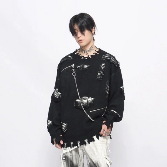 Damage Zipper Chain Detail Knit Sweater WN24497