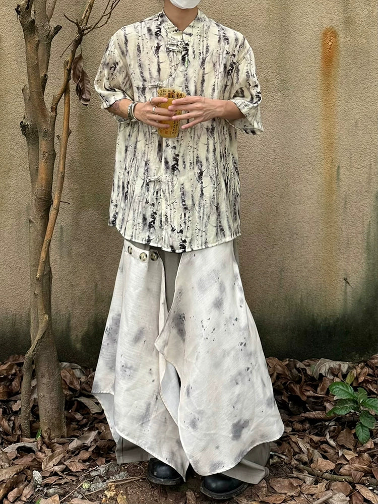 Tie-Dye Frog Button Standing-Collar Short Sleeve Shirt WN19977