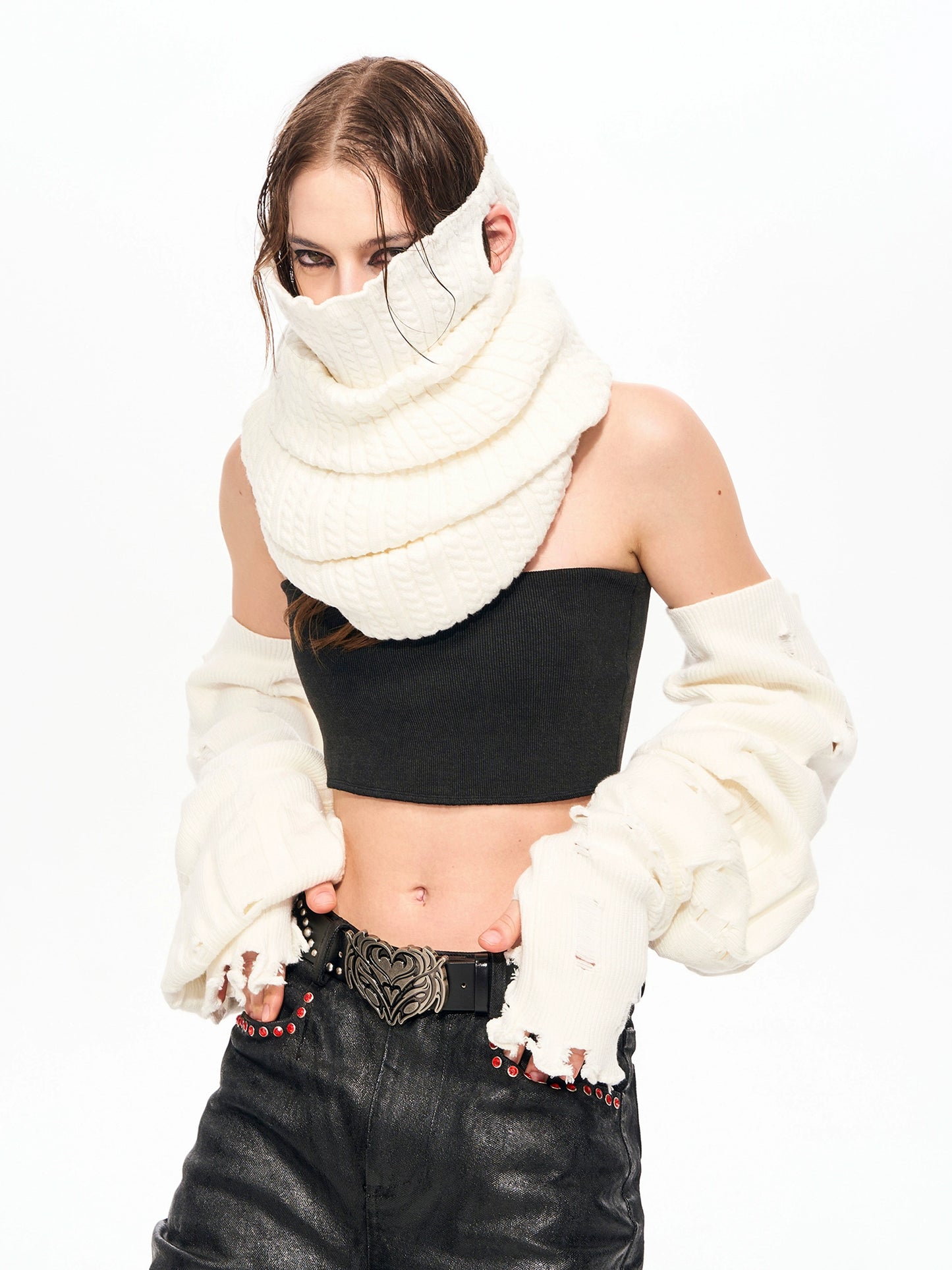 Damage Knit Fingerless Arm Warmers WN22160