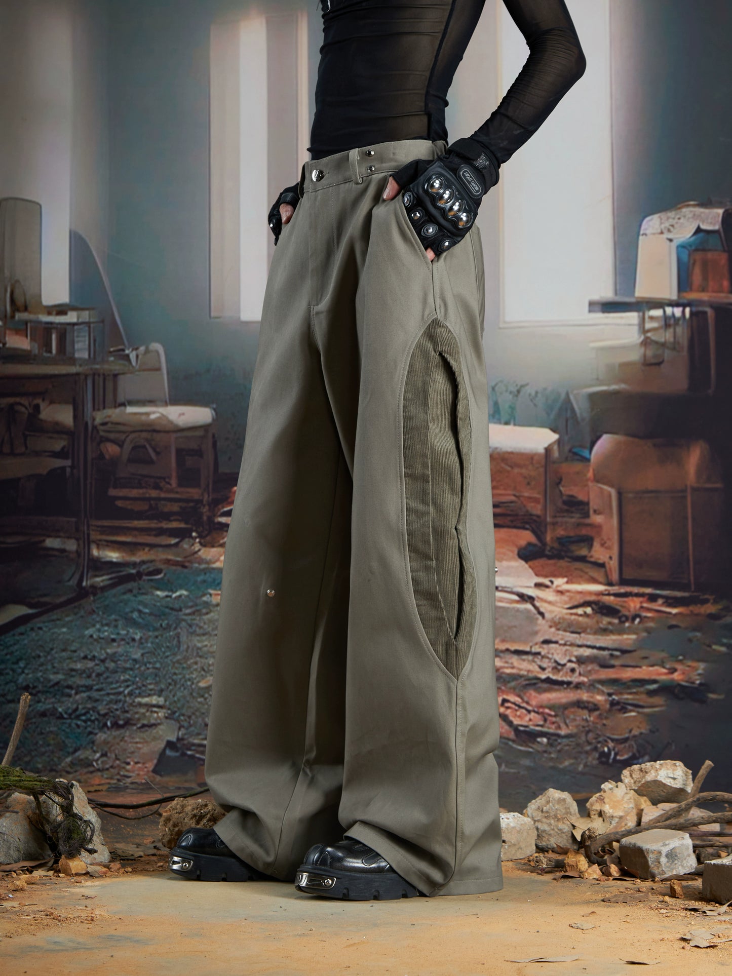 Detachable Patchwork Corduroy Wide Leg Pants WN21368