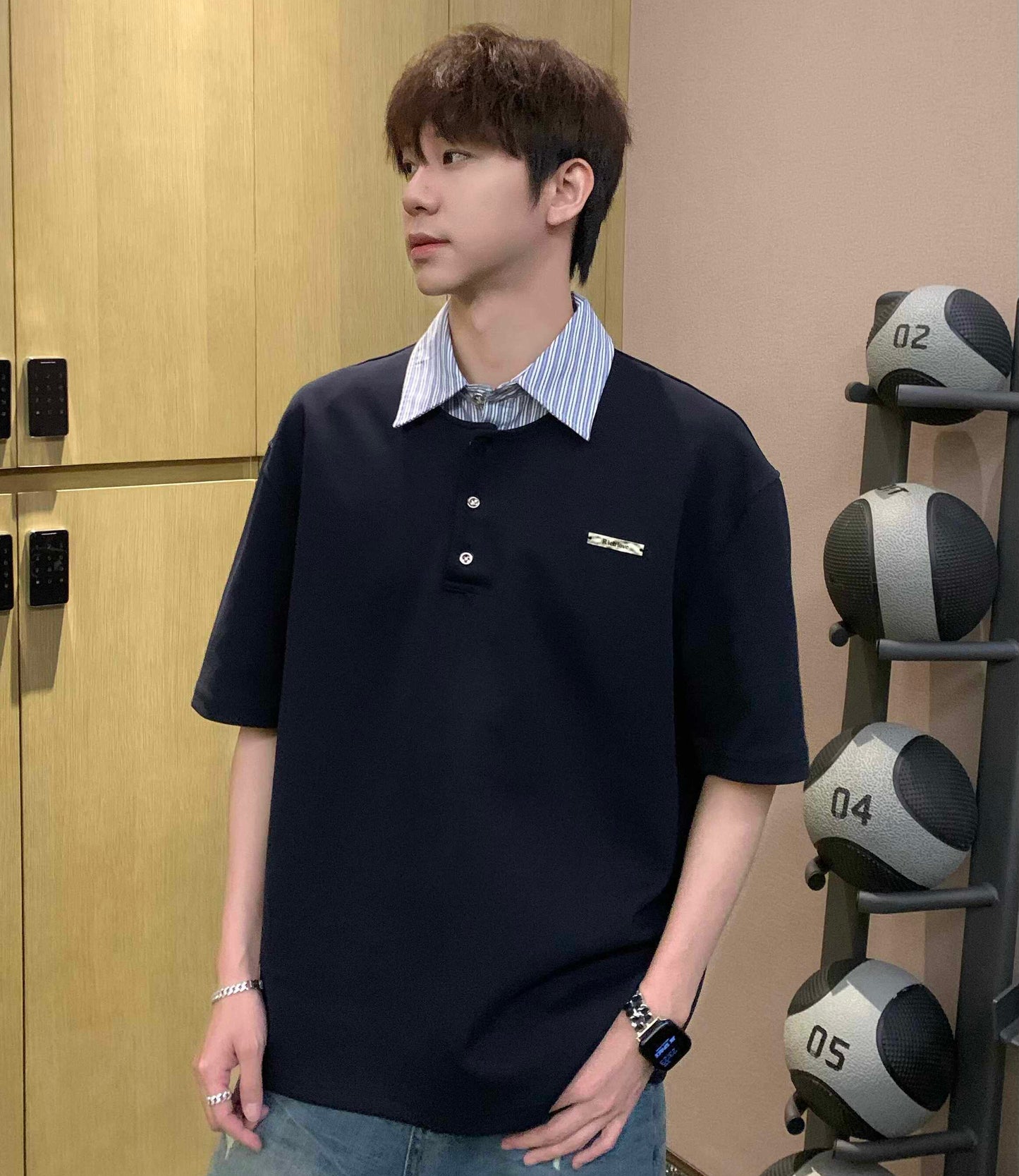 Fake Layered Striped Polo-Collar Patchwork Oversize Short Sleeve T-Shirt WN25263