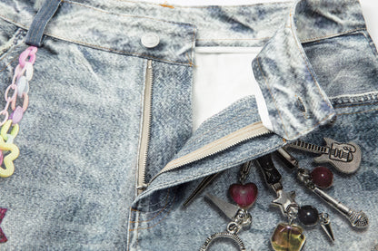 Washed Charm Patch Wide Leg Cropped Denim Jeans WN25564