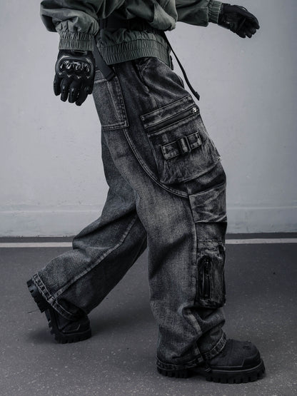 Multi Pocket Wash Damage Denim Jeans WN22308