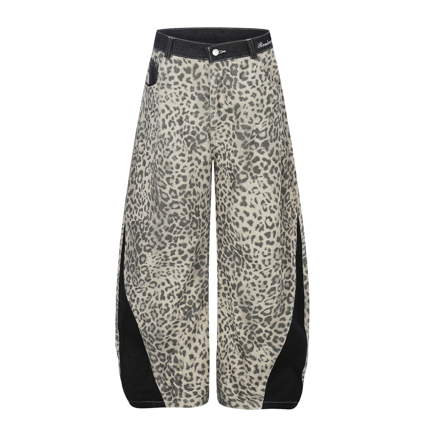 Leopard Print Curved Wide Leg Denim Jeans WN25679