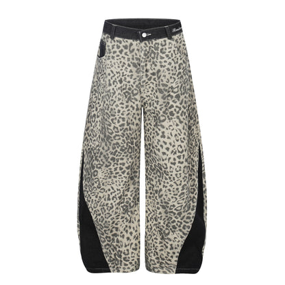 Leopard Print Curved Wide Leg Denim Jeans WN25679
