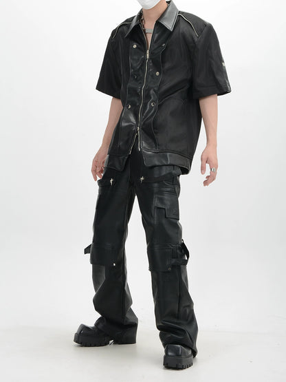Metal Rivet Design PU Leather Short Sleeve Shirt WN6143