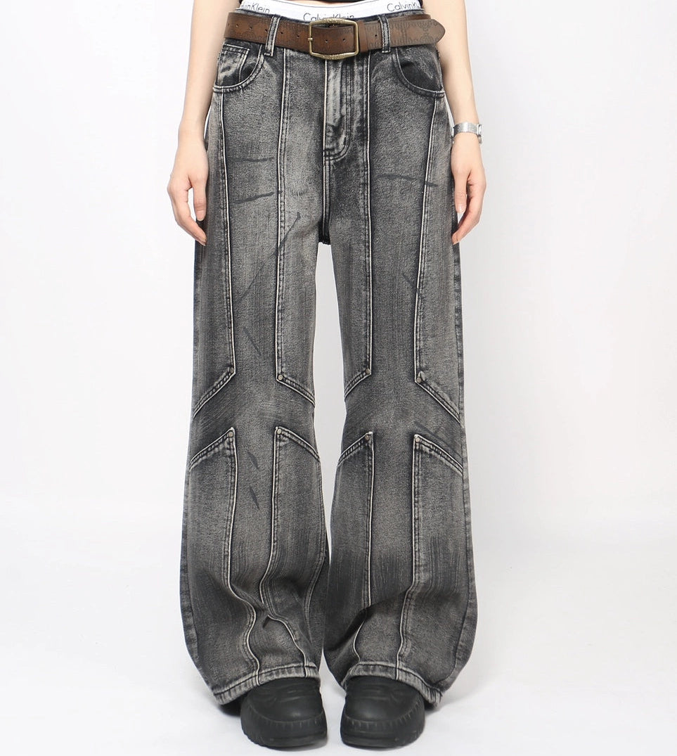 Washed Heavy Mix Design Wide Leg Denim Jeans WN21017