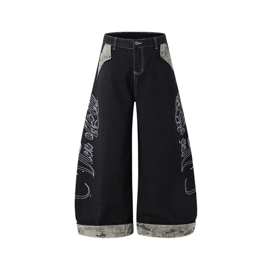Camouflage Patchwork Letter Embroidery Rhinestone Wide Leg Denim Jeans WN27887