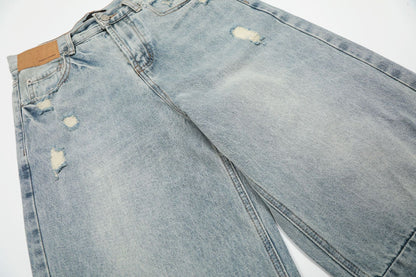 Wash Damage Wide Leg Curved Denim Jeans WN25878