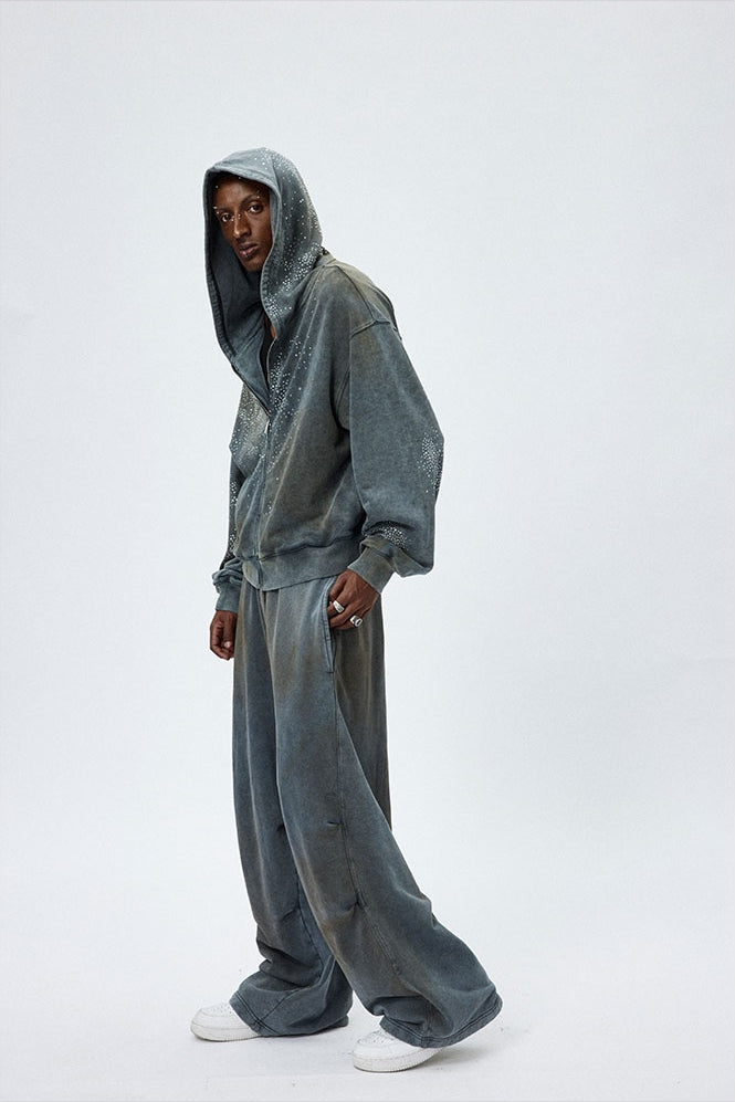 Washed Mud-Dyed Star Rhinestone Zipper Hoodie & Pants Setup WN17052