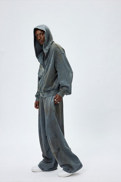 Washed Mud-Dyed Star Rhinestone Zipper Hoodie & Pants Setup WN17052