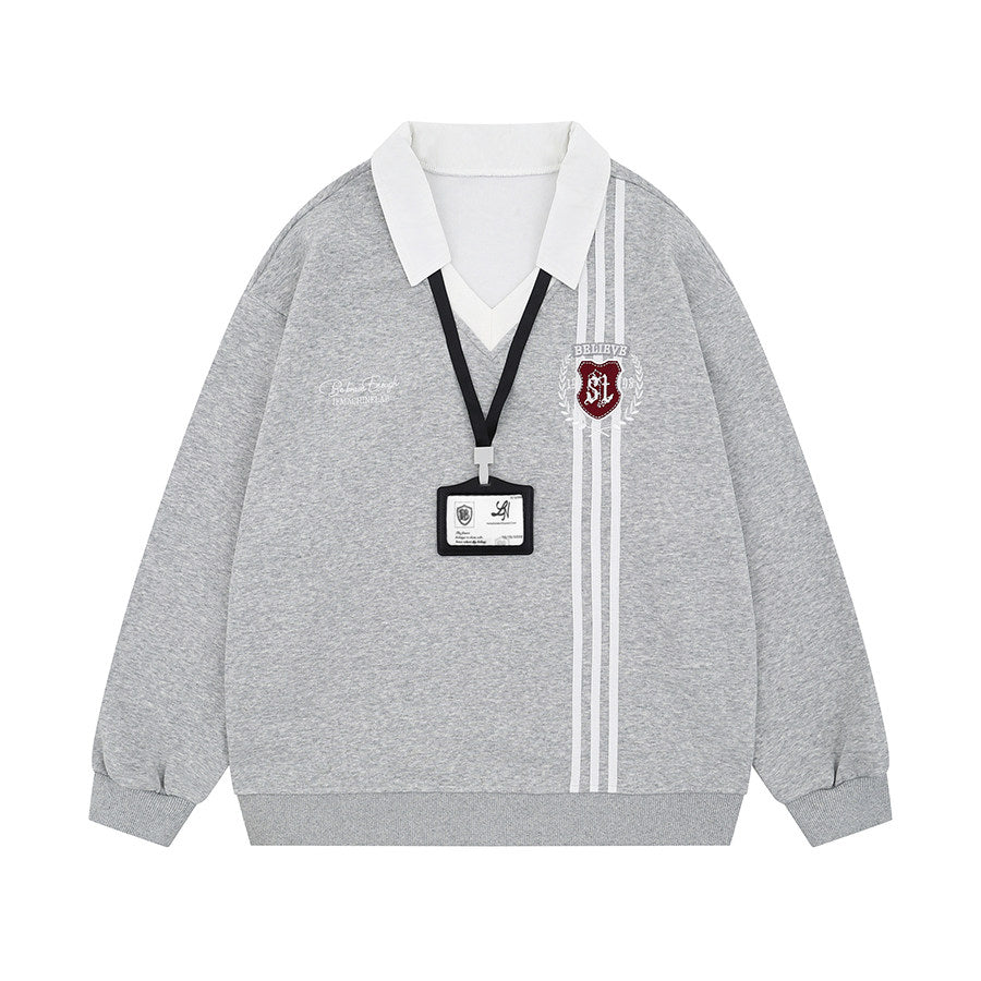 Stripe Embroidery V-Neck Polo Sweatshirt WN24157