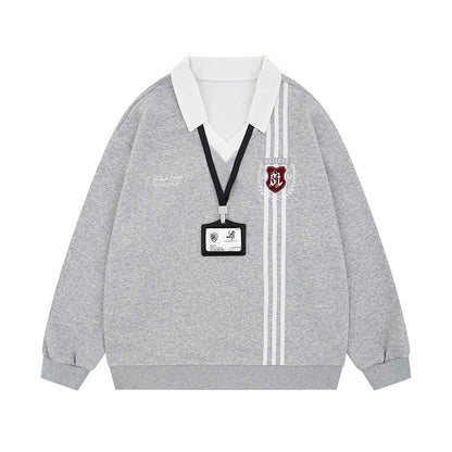 Stripe Embroidery V-Neck Polo Sweatshirt WN24157