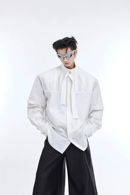 Ribbon Design Pleat Oversize Long Sleeve Shirt WN4698